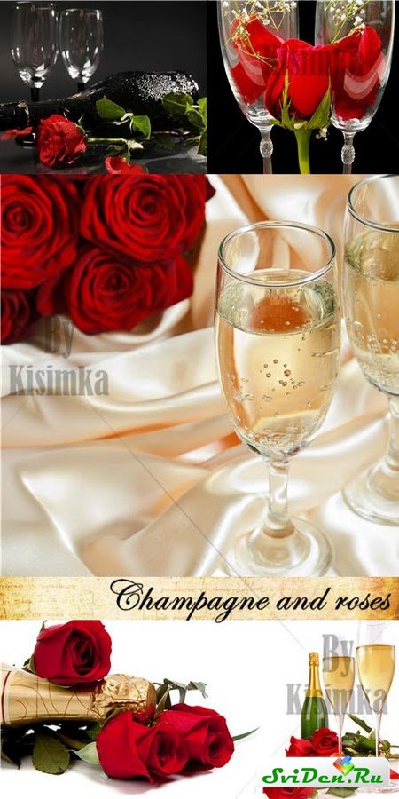 Клипарт - Шампанское и красные розы