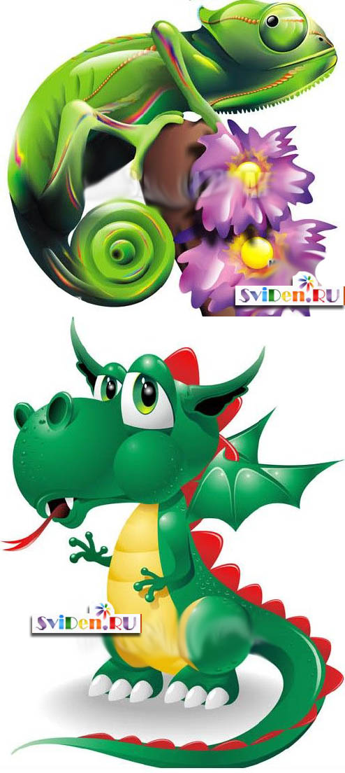 Клипарт вектор - Зелёные дракончик и хамелеоны