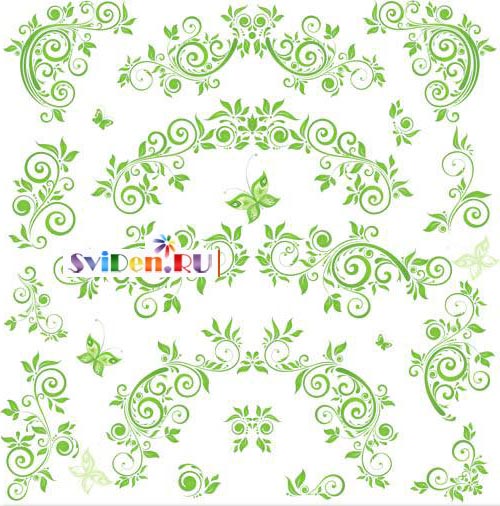 Векторный клипарт - Зелёные цветочные орнаменты завитки