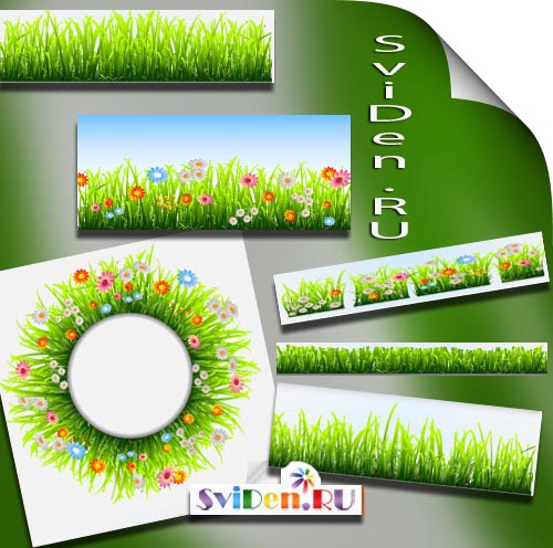 Векторный клипарт - Зелёная трава, цветы